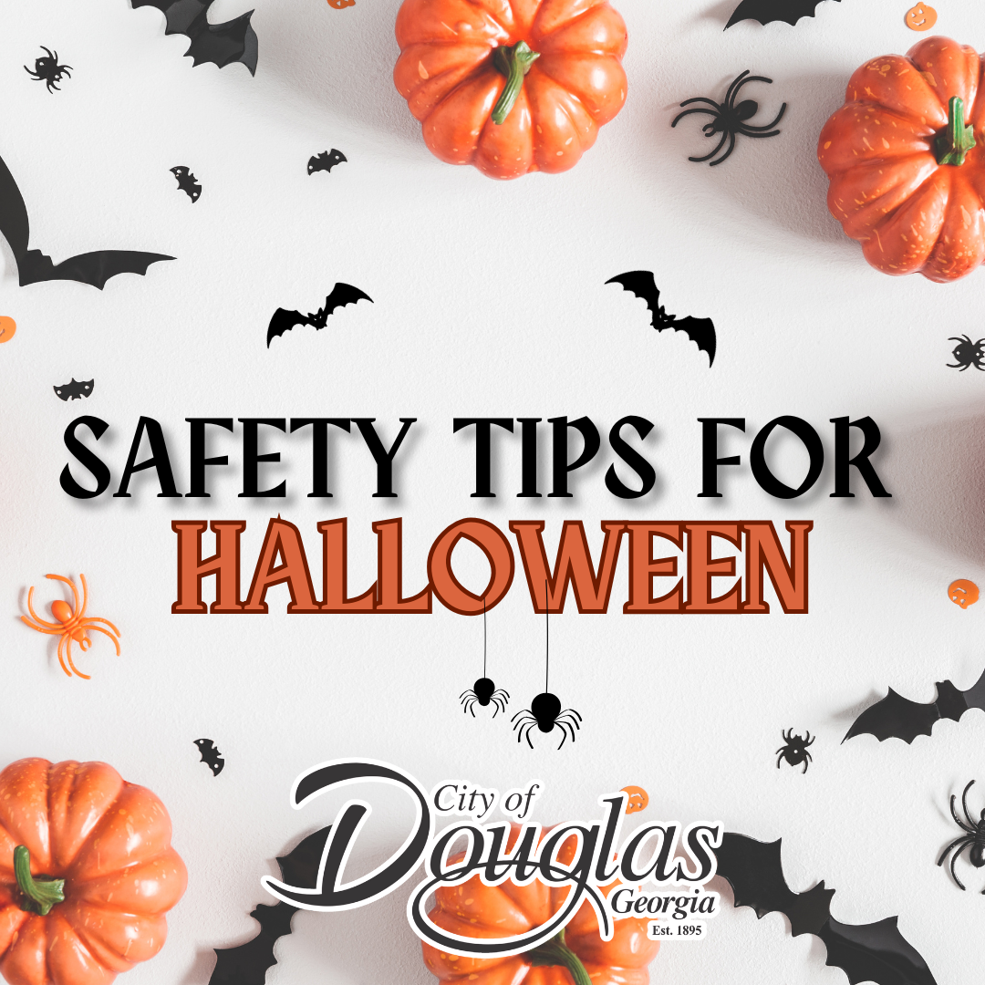 graphic with city logo and spiders and pumpkins that says Safety Tips for Halloween