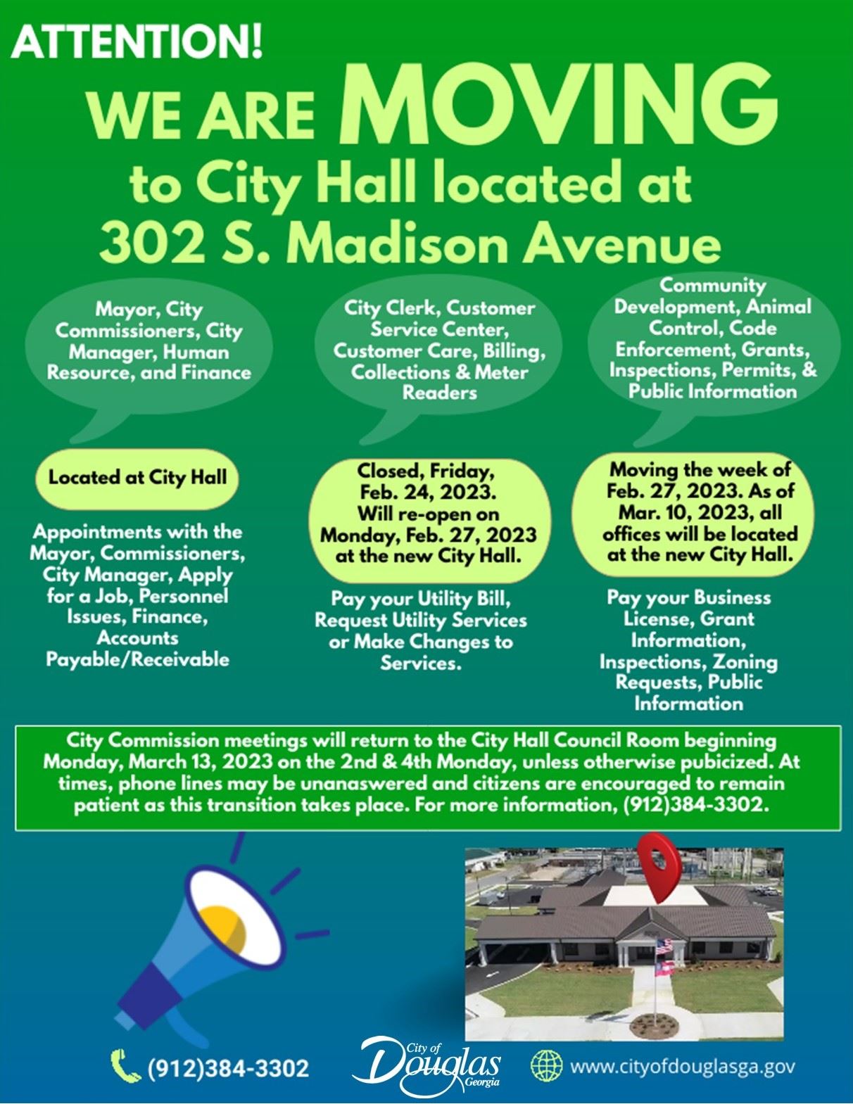 Image of flyer for information about offices moving to the new city Hall