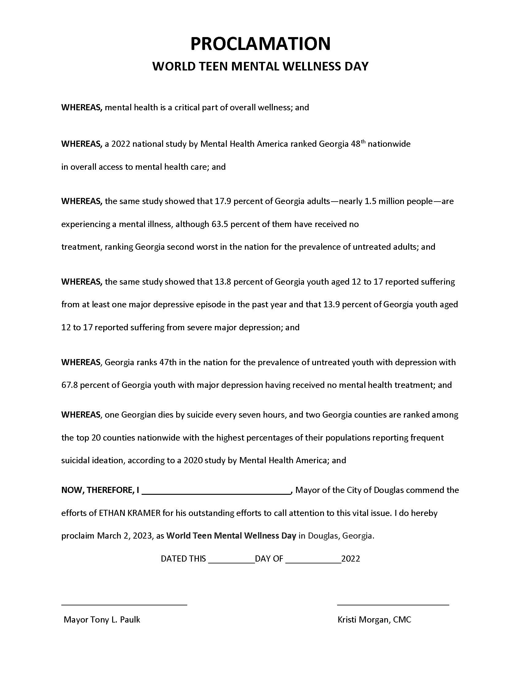 PROCLAMATION - World Teen Mental Wellness Day