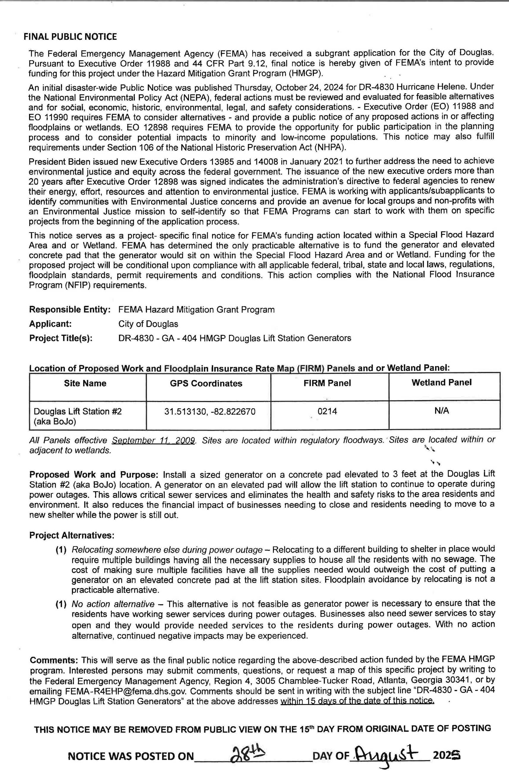 Final Notice - FEMA Hazard Mitigation Grant DR-4830-GA-404 HMGP Douglas Lift Station Generators 8-28
